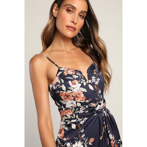 Lulus My Favorite Day Womens Navy Blue Flora Print Tulipl Wrap Midi Dress XXL - Picture 13 of 15